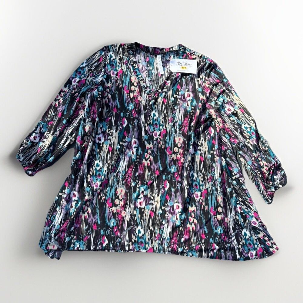 Dear Scarlett Women’s V-Neck Tunic Top Small Abstract Floral Roll Tab Sleeve